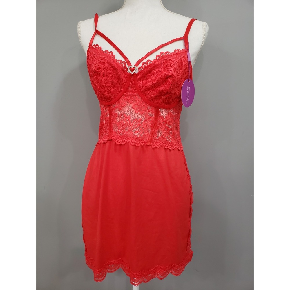 NEW Red AvidLove Slip Dress Nightie Gown LARGE Heart rhinestone chains valentine